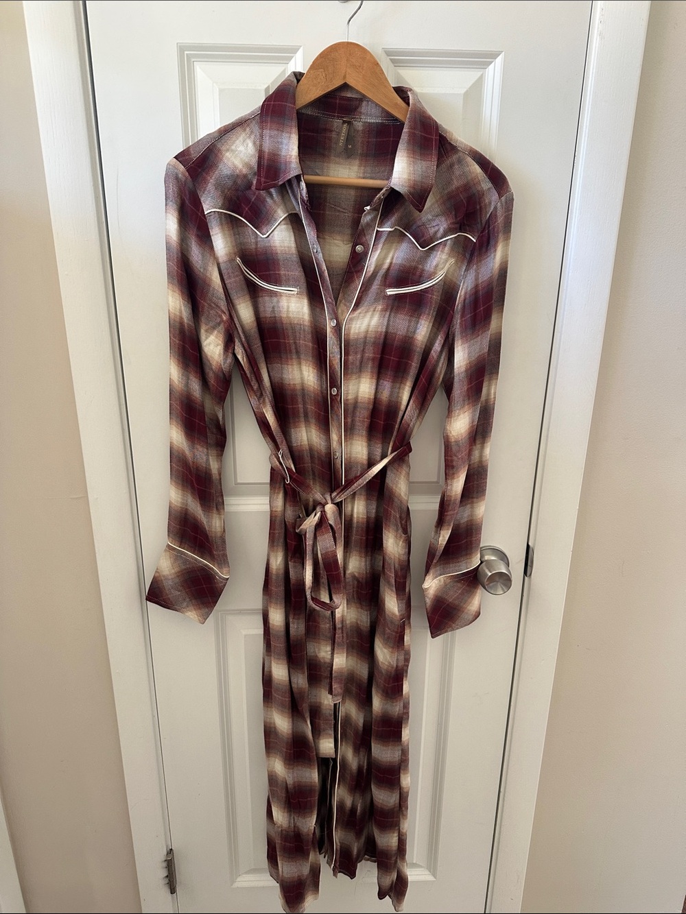 Stetson Burgundy and Cream Plaid Long Shirt Dress